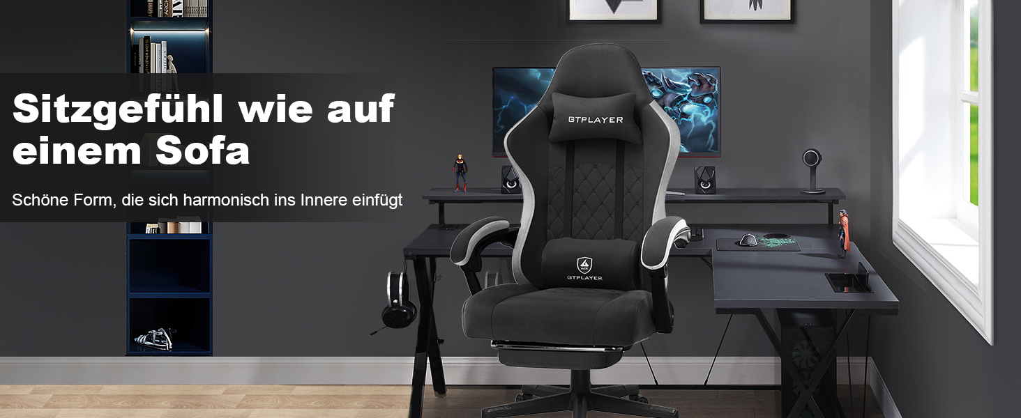 Ігровий крісло LUCKRACER з тканини, комп'ютерне офісне крісло з підніжкою, рейсингове крісло геймера, 150 кг, регулювання спинки 90-135°, ергономічне, 360° обертання, чорний