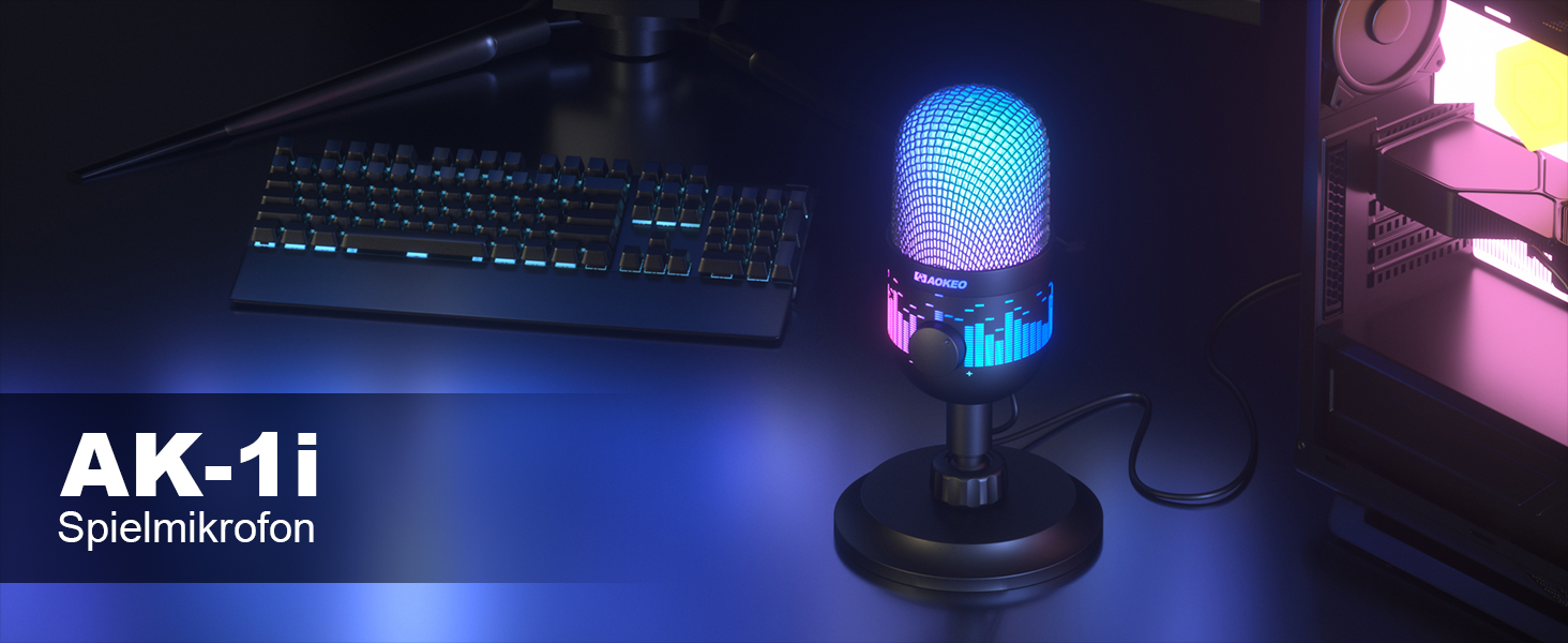 Мікрофон Aokeo для запису та стрімінгу: USB мікрофон для ПК, Mac, PS4/5, з LED-підсвічуванням