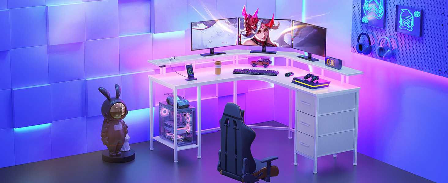 Ігровий кутовий стіл Seventable L-подібної форми з LED підсвіткою, розетками та 3 текстильними висувними ящиками, білий, 135x135x88 см