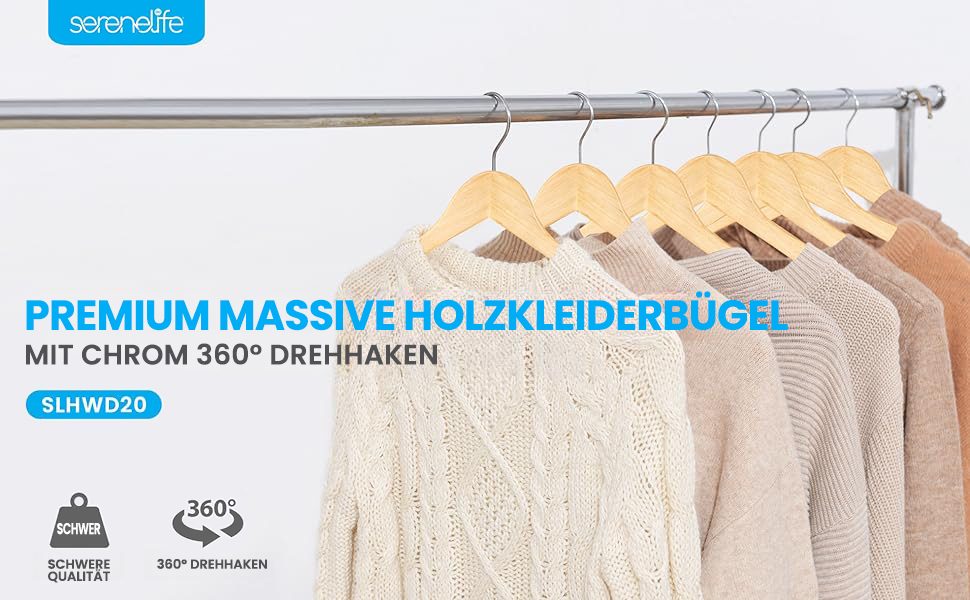 Плечики для одягу SereneLife з натурального дерева, 20 шт. - обертаються на 360°, для дітей та дорослих, міцні, економія місця для курток, спідниць, штанів та костюмів