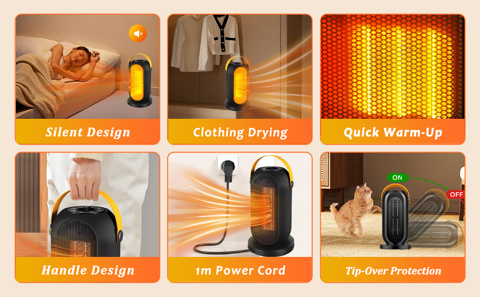 Електричний обігрівач з керамічним PTC нагрівачем, 1200W, з термостатом та захистом від перегріву та перекидання. Підходить для дому та офісу.