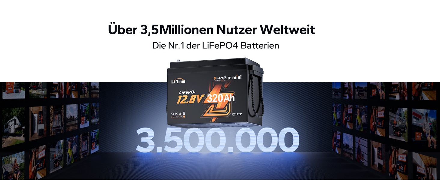 Літієва батарея LiTime LiFePO4 12V 100Ah H190 з Bluetooth для кемпінгу та автобудинків (1 шт, 12V320Ah Mini BT)
