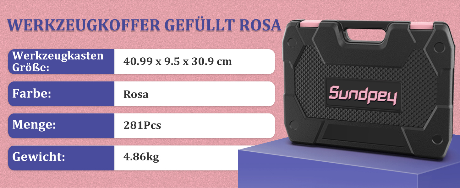 Набір інструментів Sundpey 281 предметів в кейсі рожевого кольору: набір гайкових ключів, викруток, шестигранників, плоскогубців
