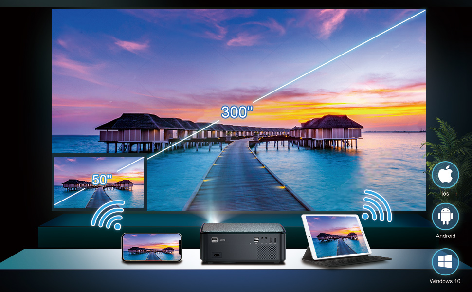 Проектор Beamer Full HD 1080P, 1200 ANSI люмен, 5G WiFi, Bluetooth, підтримка 4K, LED, для домашнього кіно, сумісний з Fire Stick, смартфоном, PS5, чорний