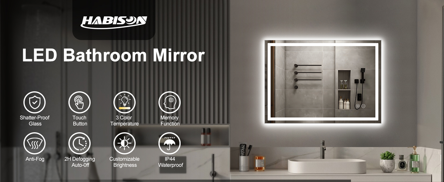 Дзеркало для ванної кімнати Habison з підсвічуванням LED, 50x70 см, сенсорне керування, регулювання яскравості, 3 колірні температури, функція пам'яті, антизапар, без Bluetooth