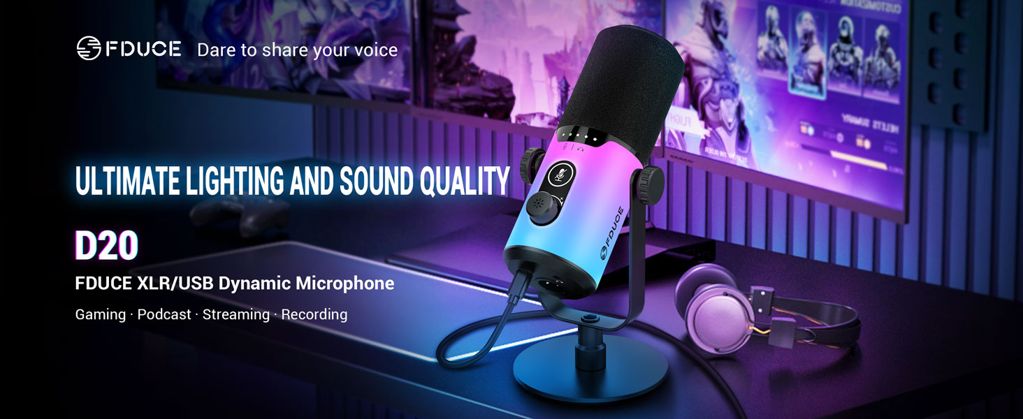 USB/XLR мікрофон для геймінгу та запису голосу FDUCE з RGB підсвічуванням, регулятором посилення та навушником.
