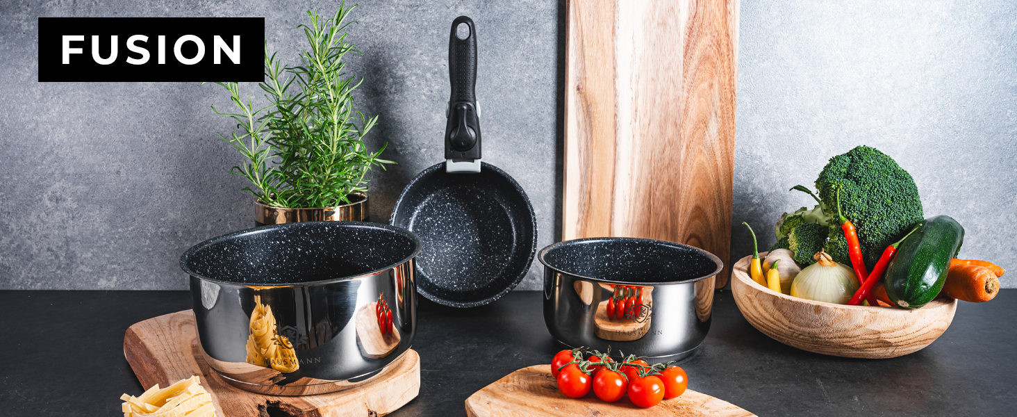 Набір каструль з знімними ручками (3 шт.) з нержавіючої сталі - сумісний з індукційними плитами. Набір каструль, сковорідок та посуду з гранітним покриттям