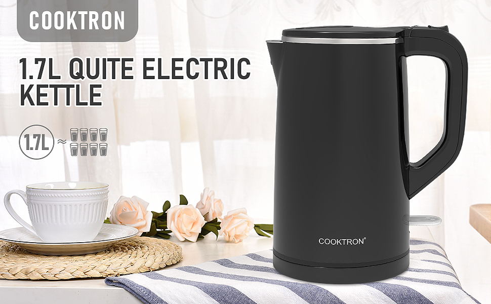 Чайник з нержавіючої сталі Cooktron, 1 л, 30 дБ, без бісфенолу А, прохолодний дотик, швидкий, 1,7 л, чорний