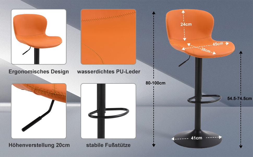 Набір барних стільців Youhauchair з 2 шт. , регульований по висоті, PU шкіра, водонепроникний, зі спинкою, поворотний, помаранчевий