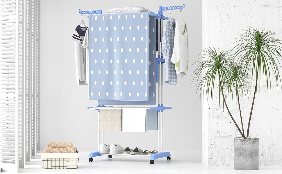 Вертикальна сушарка для білизни SIMPDIY з 6 складаними крилами та колесами, підлогова баштова сушарка для одягу для дому та вулиці, синя