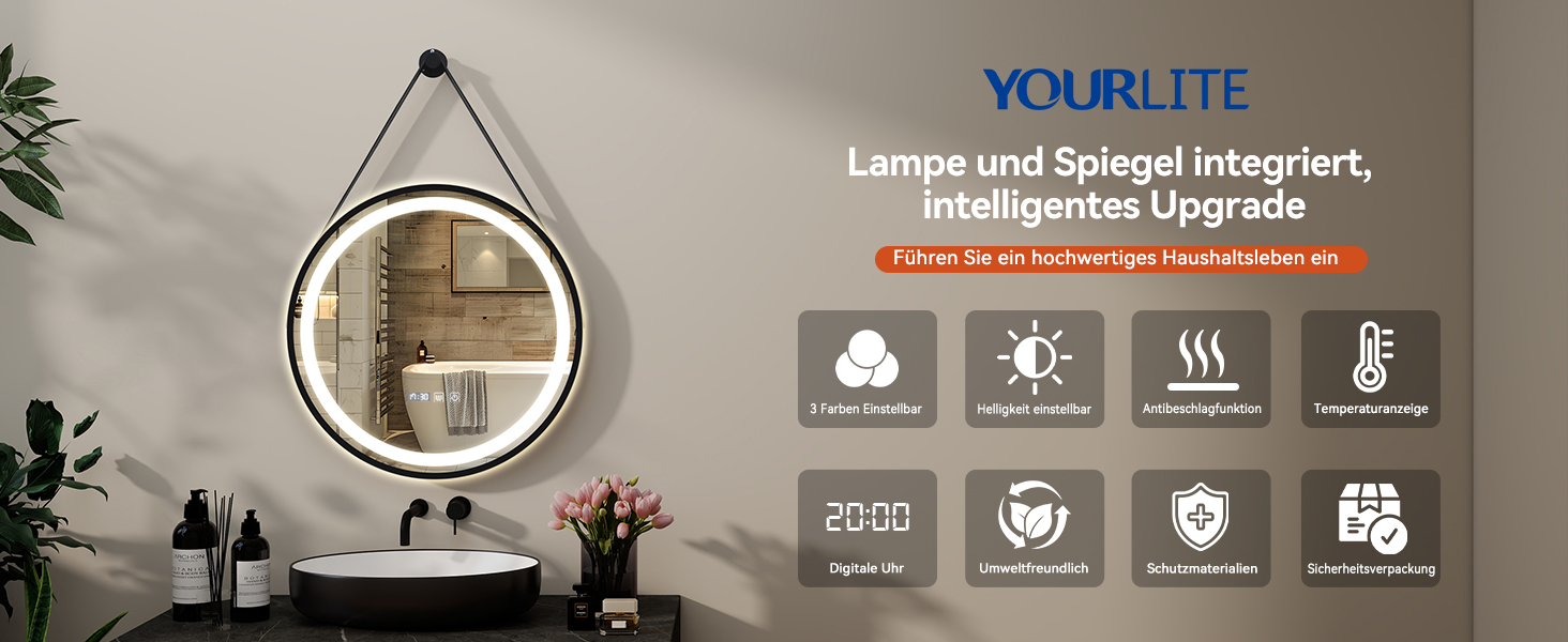 Дзеркало для ванної кімнати YOURLITE з підсвічуванням, 60 см, кругле, LED, 3 кольори, регулювання яскравості, сенсорний вимикач, антизапарник, пам'ять, IP44, чорний