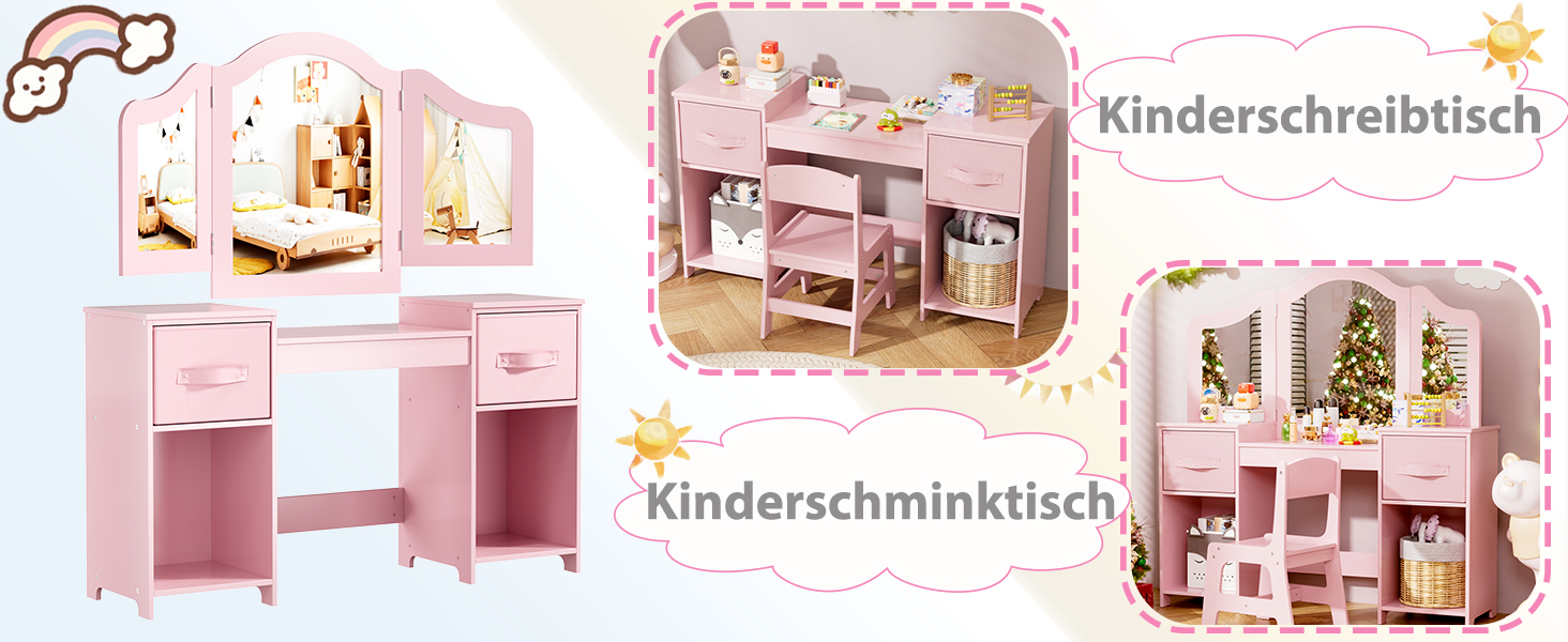 Дитячий туалетний столик MAMIZO 2 в 1 з дзеркалом та стільчиком, рожевий, з 2 висувними ящиками