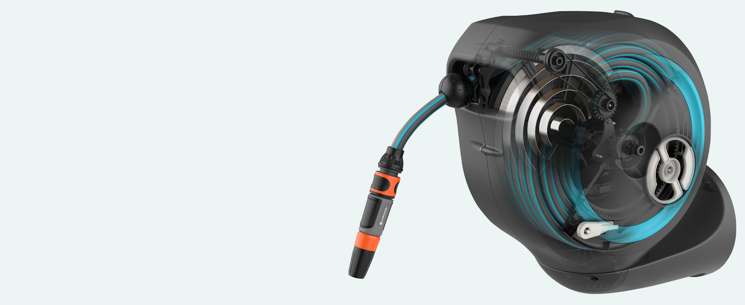 Шланг садовий Gardena RollUp M (бірюзовий) 20м: гнучкий, з поворотним барабаном, з кріпленням для стіни, з розпилювачем та 20м шлангу