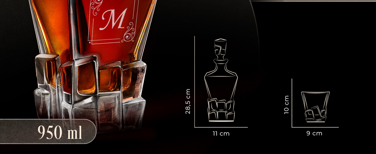 Мавертон Карафа для віскі 950 мл + Набір з 6 склянок для віскі з гравіюванням - Декантер для віскі - Подарунок на Різдво - Люксовий дизайн - Крісталльне скло - для чоловіків на день народження - Корона