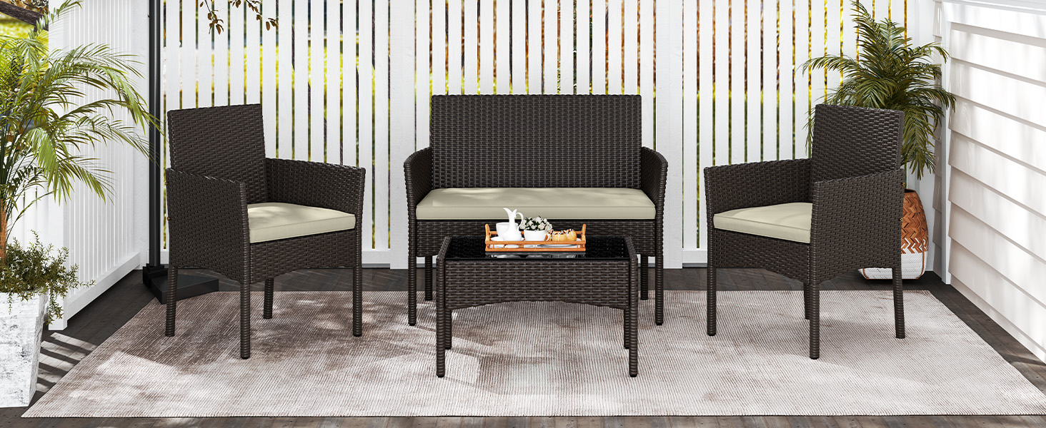 Набір садових меблів Yaheetech на 4 особи: диван, 2 крісла, стіл, подушки. Набір меблів для балкона, тераси, саду. Чорний та сірий (коричневий та бежевий).