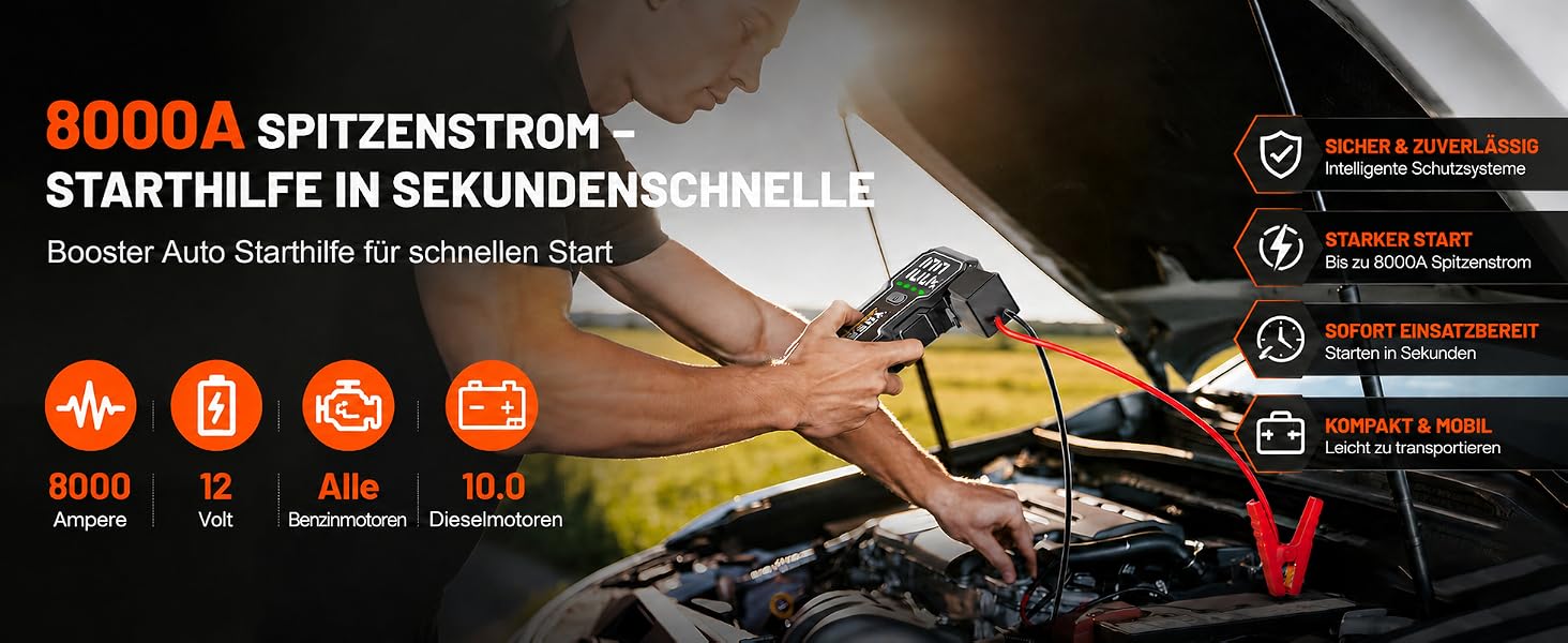 Бустер для автомобіля Starthilfe Powerbank 8000A 12V — Пусковий пристрій для акумуляторів авто, модель 9183