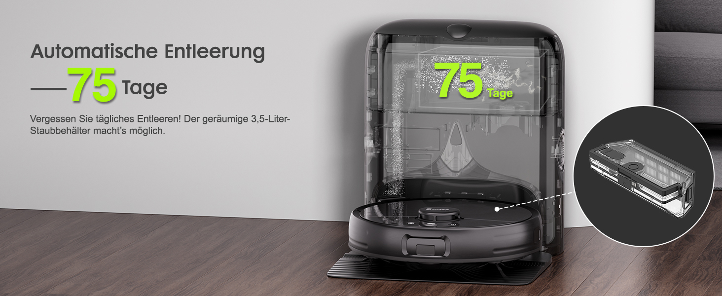 Робот-пилосос з функцією миття, автоматичне спорожнення (75 днів), потужність 8500Pa, зрізач для шерсті тварин, лазерна іграшка для котів, лазерна навігація, знімне м'яке прибирання, робот-пилосос для твердих поверхонь, килимів та шерсті тварин, чорний