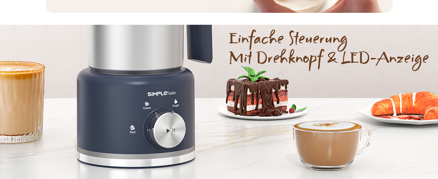 Електричний спінювач молока SIMPLETASTE 4-в-1: гарячий та холодний пінок, нагрів молока, какао, антипригарне покриття, автовимкнення, тиха робота, BPA-free, для капучіно та лате, темно-синій (безпечно мити в посудомийній машині та з запасним вінчиком)