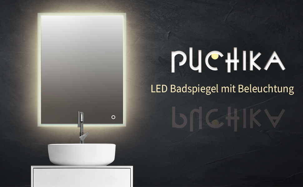 Дзеркало для ванної кімнати Puchika з підсвічуванням, LED-дзеркало 50x70 см, регульоване, тепле/холодне/нейтральне світло 3000-6400K, IP44, A+, сенсорне керування, 3 кольори світла