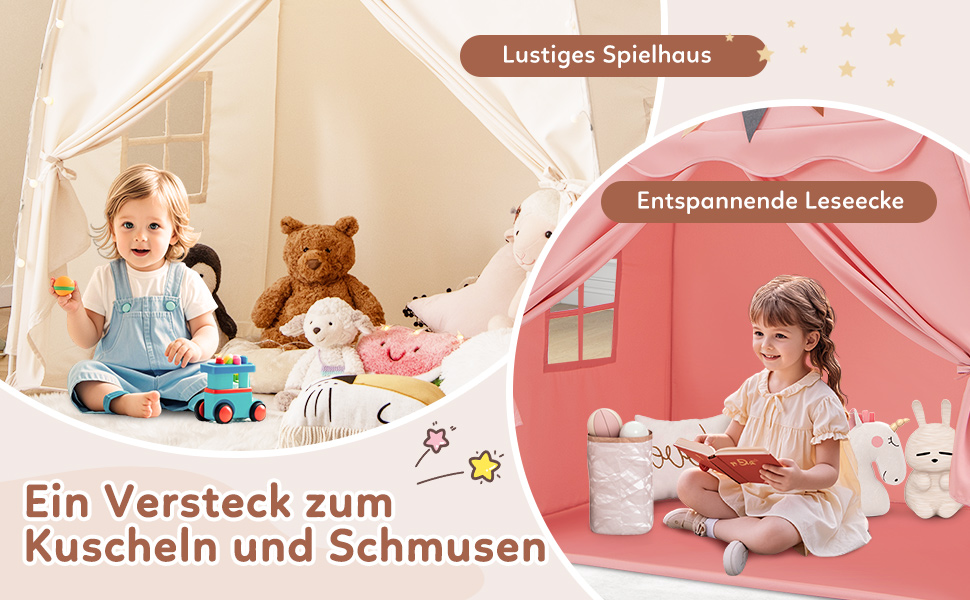 Дитячий ігровий будиночок COSTWAY, намет для дітей з прапорцями та гірляндою, намет принцеси, великий намет для дитячої кімнати для хлопчиків та дівчаток від 3 років, 157 x 98 x 148 см (Бежевий)