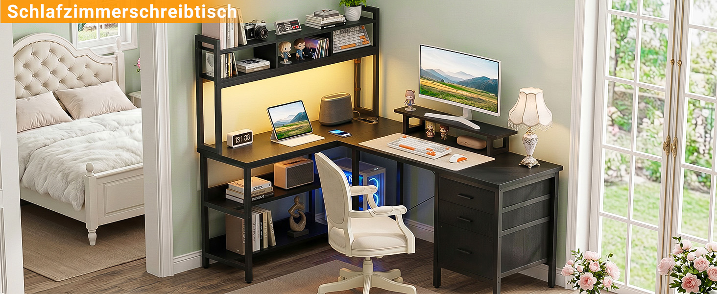Кутовий L-подібний письмовий стіл Homieasy 150 см з LED-підсвіткою, шухлядою, USB та Type-C розетками, підставкою для монітора та полицею А4, чорний, МДФ