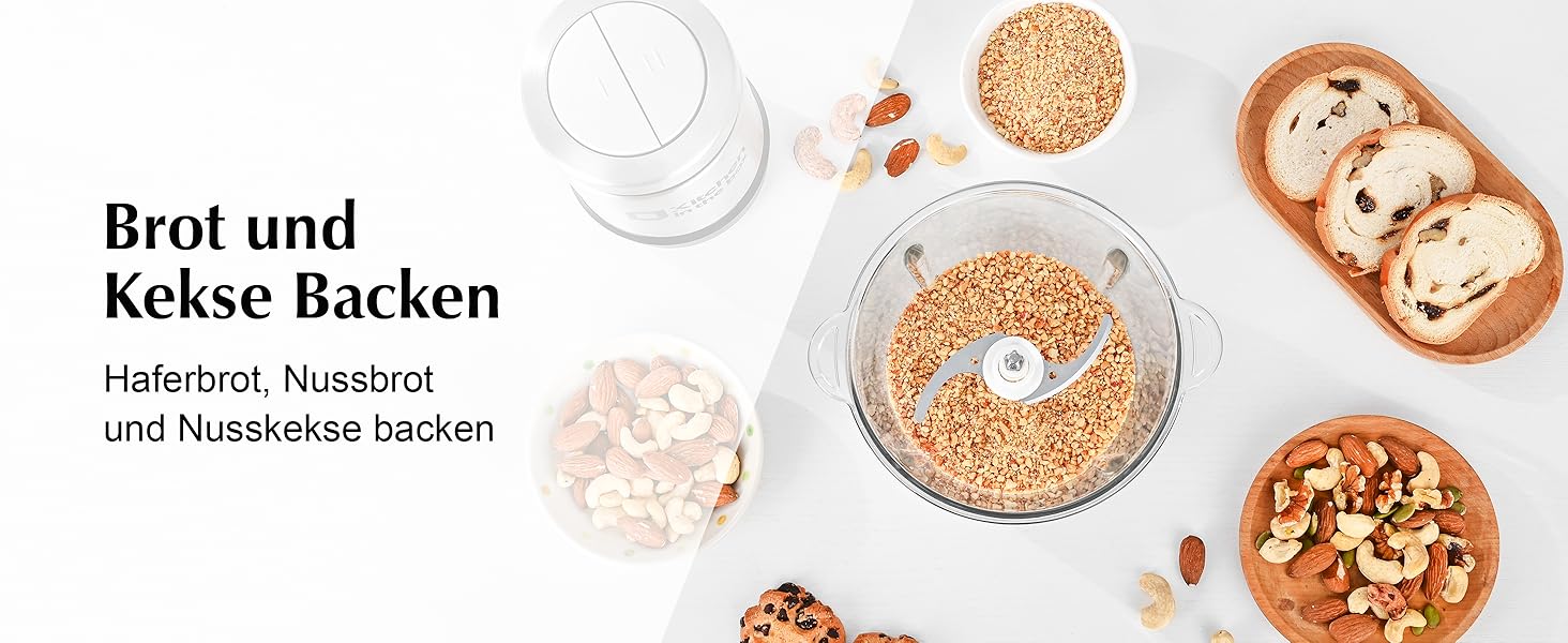 Електричний подрібнювач для кухні Kitchen in the Box 400W з 2 чашами (2L+2L) та двосторонніми лезами з нержавіючої сталі. Подрібнювач для м'яса, овочів, цибулі, фруктів срібного кольору.