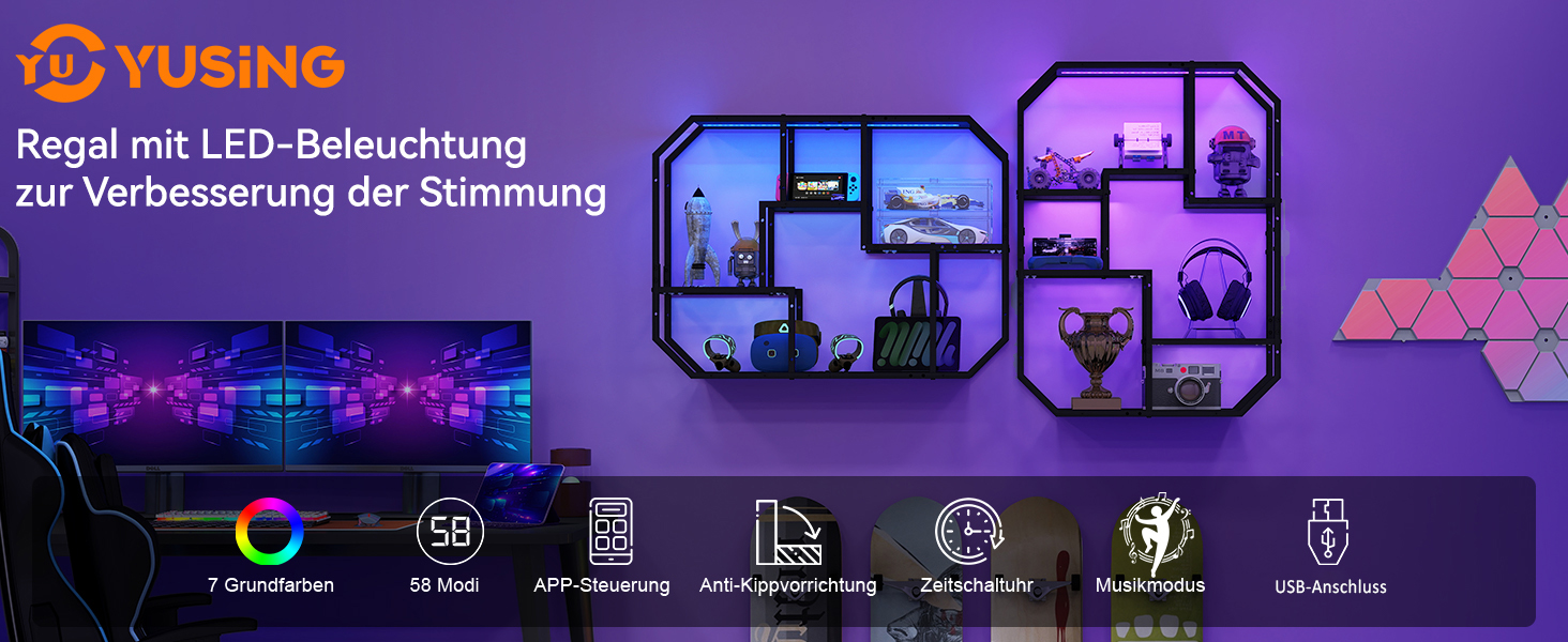 Підвісні полиці YU YUSING з RGB підсвічуванням 7 кольорів, геймерські полиці з 8 гачками, полиці для демонстрації, настінна вітрина з 2 скляними полицями, підвісна вітрина для спальні, кухні, бару, ігрової кімнати, шестигранна (чорний колір)