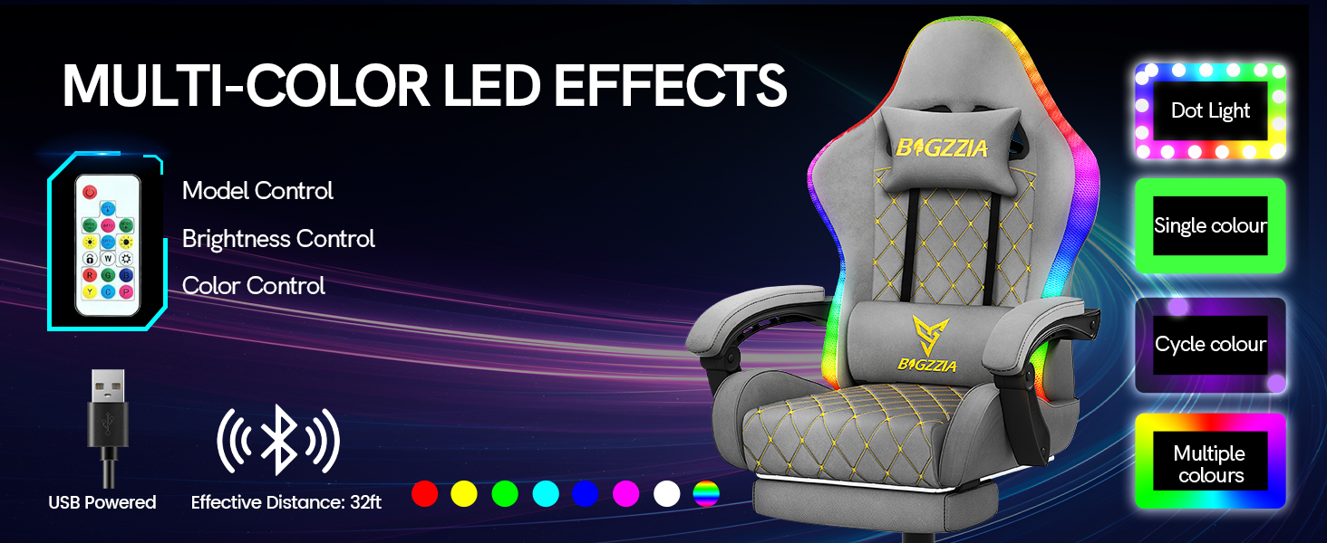 Ігровий крісло Bigzzia з RGB LED підсвічуванням - ергономічне геймерське крісло з підтримкою попереку та підніжкою, регульоване та поворотне, з PU-шкіри, 150 кг, сірий