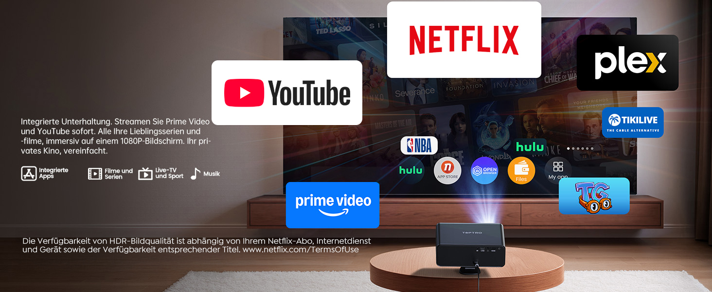 Smart проектор TOPTRO 4K HDR10 WiFi 6 Bluetooth: Dolby Audio, 1000 ANSI лм, Автофокус, Трапецеїдальна корекція 6D, Підтримка Netflix, Чорний