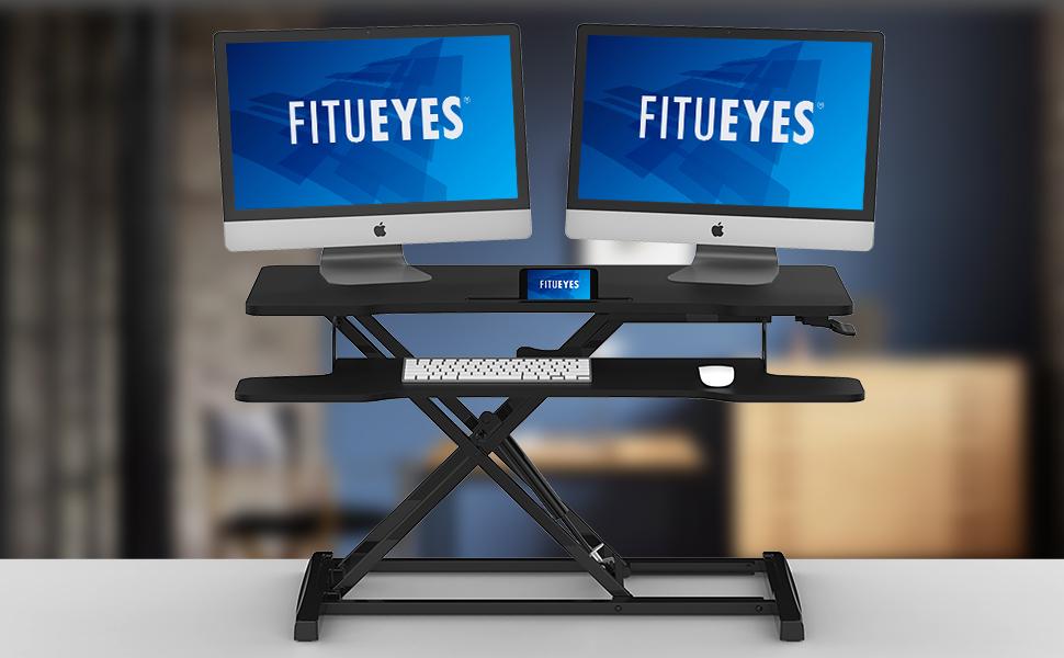 Стіл-підставка FITUEYES для комп'ютера, регульований по висоті, з полицею для клавіатури, 92×40 см, для двох моніторів, чорний