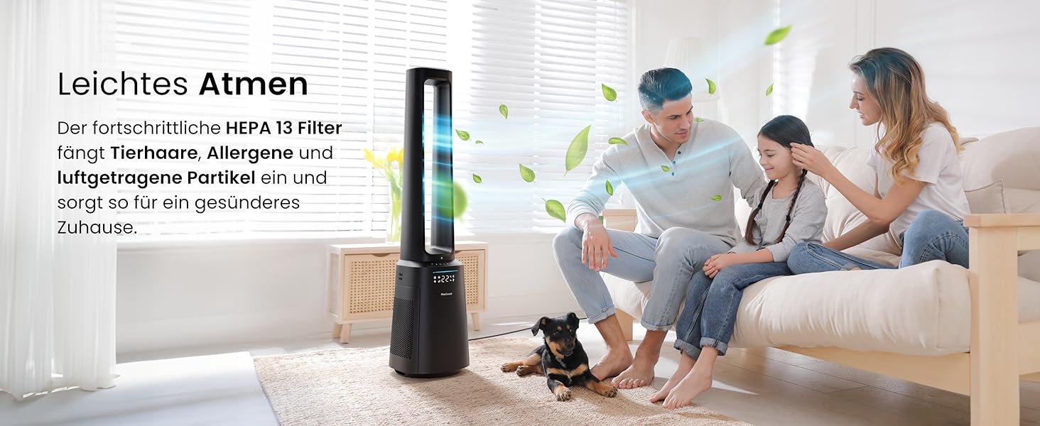 Вентилятор Pro Breeze OmniAir з очищувачем повітря 105 см, 10 швидкостей, HEPA 13, LED дисплей, пульт ДУ, 5 режимів, тиха робота, чорний