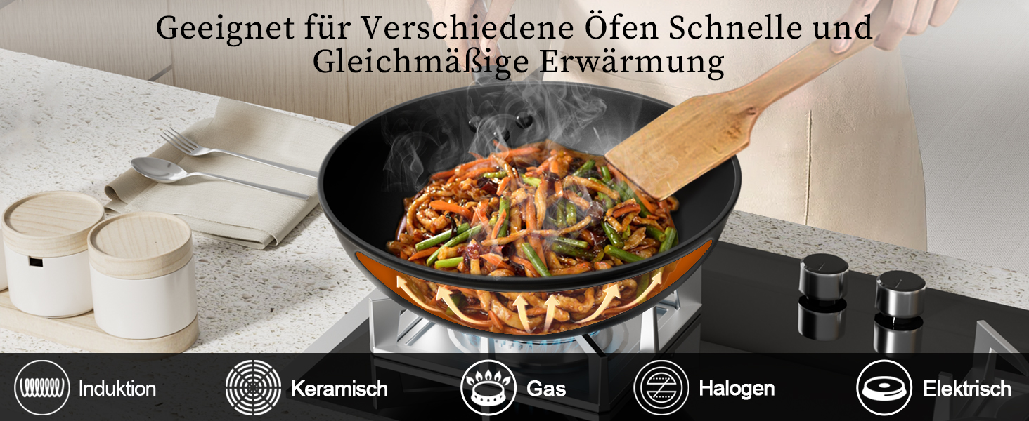 Вок Jobin 33 см з кришкою з термостійкого скла, з вуглецевої сталі, без хімічного покриття, для азіатської кухні, сумісний з індукційними, газовими, електричними та керамічними плитами, чорний