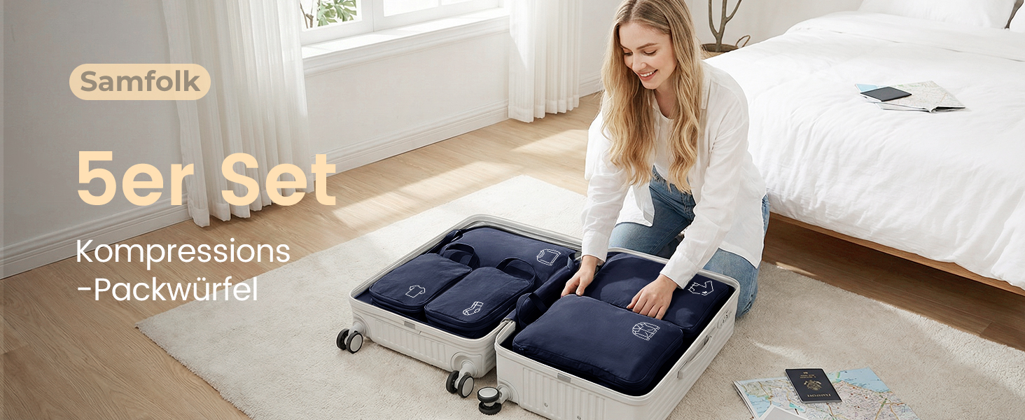 Набір компресійних органайзерів для одягу в дорогу (5 шт), нейлонові дорожні сумки-кубики для валізи та рюкзака, темно-синій