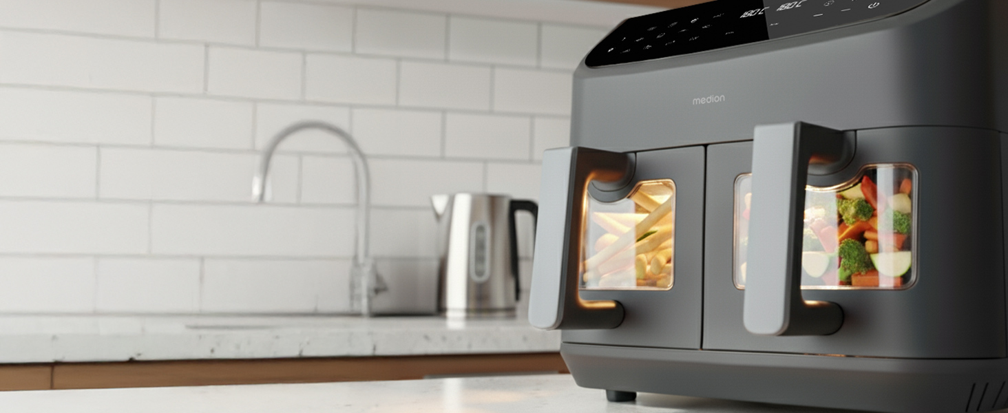 MEDION P20 XXL Фритюрниця з гарячим повітрям з 2 камерами (8,7 л, Airfryer, 2600 Вт, подвійна камера, 10 автоматичних програм, 2 висувні ящики, віконце, Dual Airfryer, ILAG PFAS-free, MD11760) матово-білий, матово-сірий