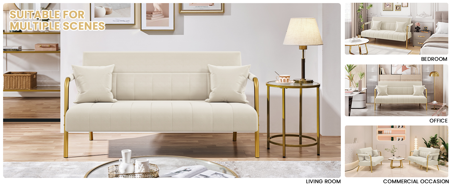 Диван Yaheetech з підлокітниками та металевими ніжками, сучасний двомісний диван з 2 подушками для попереку, бежевий, 143.5 x 71.5 x 75.5 см