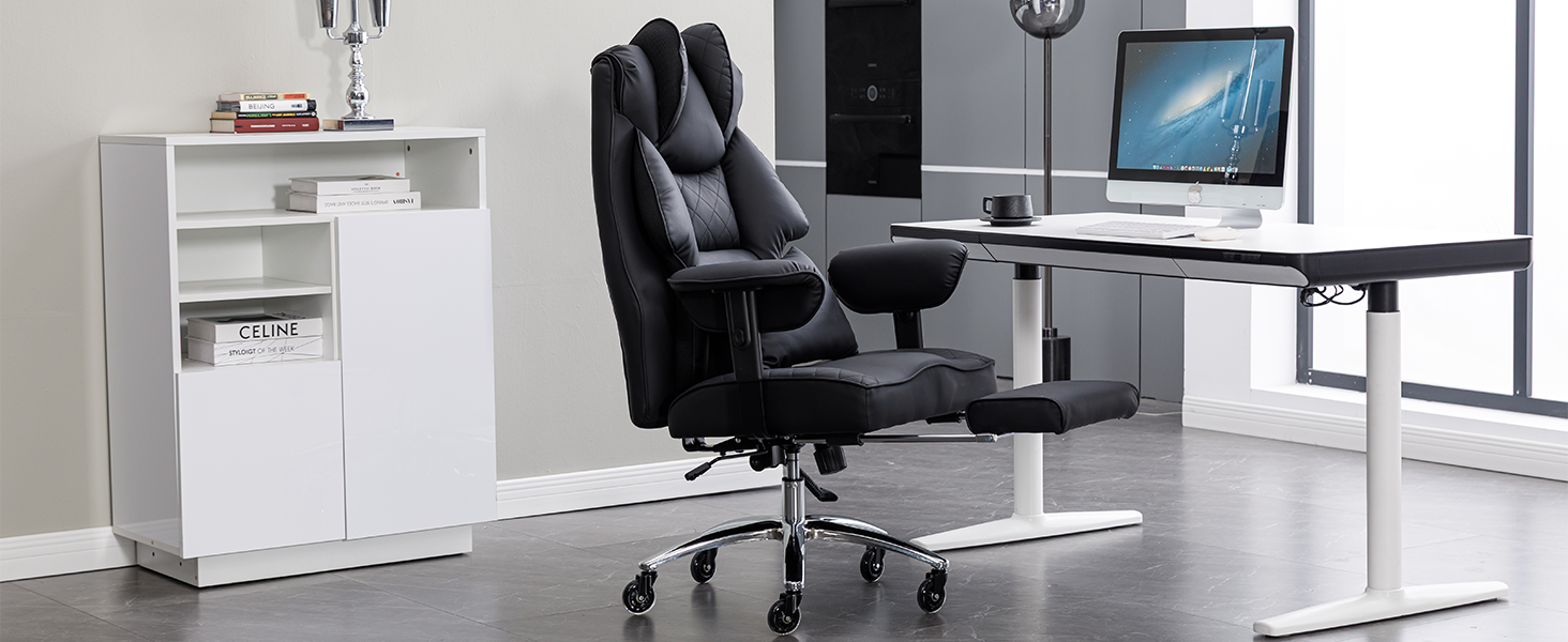 Офісний крісло Asukale Ergonomic 200kg з підніжкою, поперековою подушкою та широким сидінням, регульоване по висоті, імітація замші (чорний)