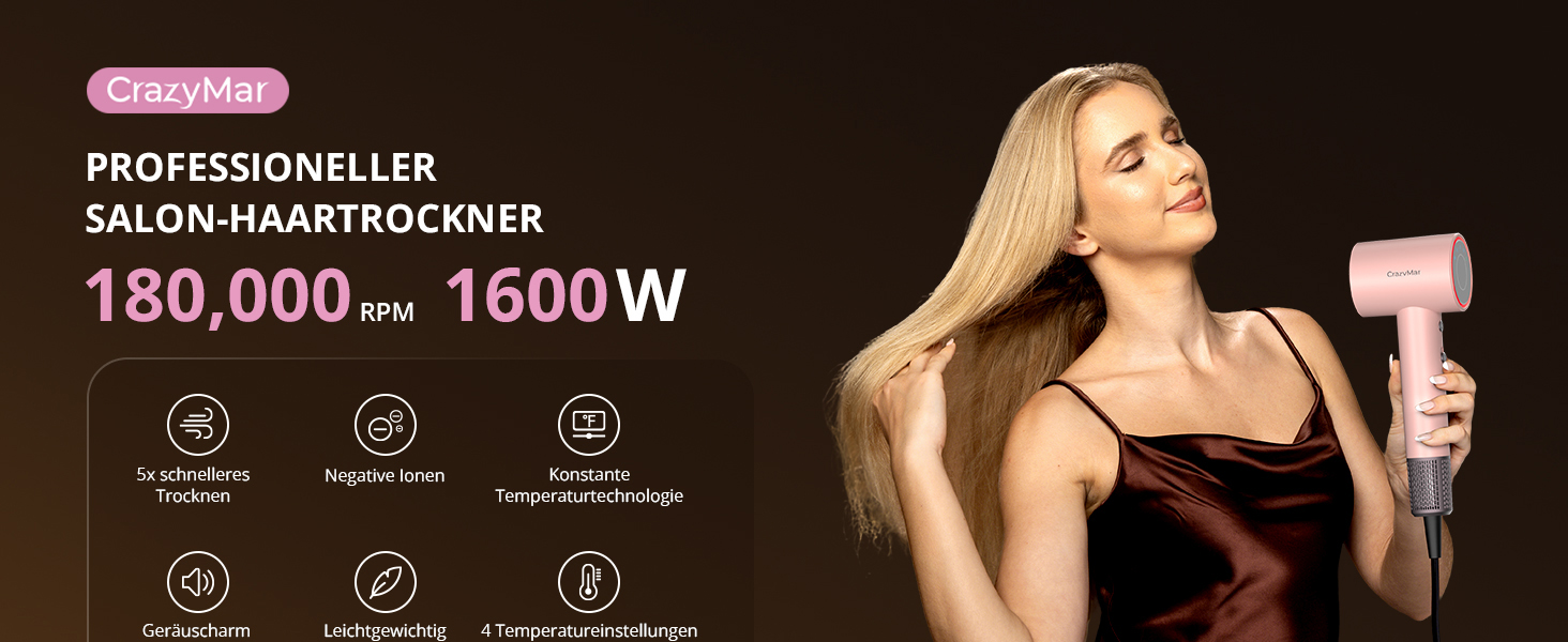 Іонний фен для волосся з безщітковим двигуном 180 000 об/хв, компактний дорожній фен з 4 режимами температури та захистом від перегріву, рожевий