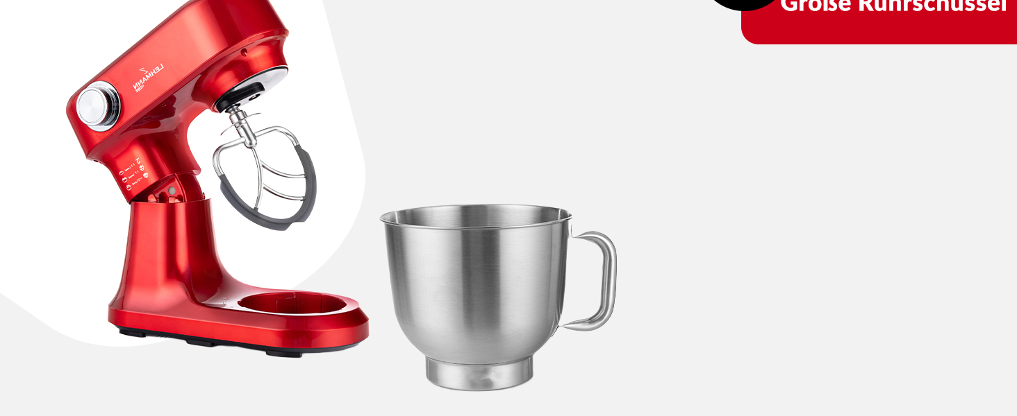 Кухонна машина Lehmann - планетарний міксер з набором аксесуарів - 3 насадки, кришка-розбризкувач, чаша 5л, 12 швидкостей, захист від перегріву, неслизька, червона
