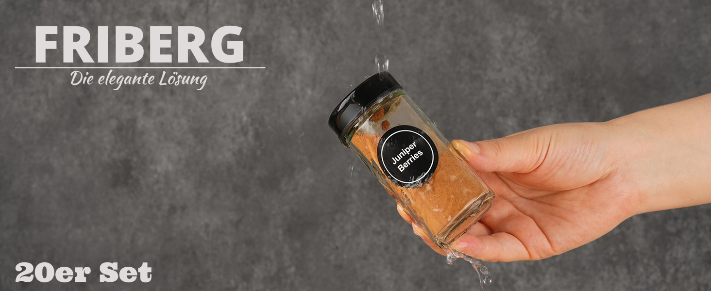 Набір скляних банок для спецій FRIBERG з дозатором, 20 шт. по 120 мл, чорний колір