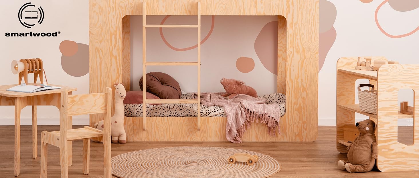Дерев'яне ліжко-дитячий будиночок Smartwood 90x200 - Монтессорі Tipi F з сосни з сертифікатом FSC, захист від падіння та ламелі до 230 кг для хлопчиків та дівчаток, проста збірка, ліжко на підлозі