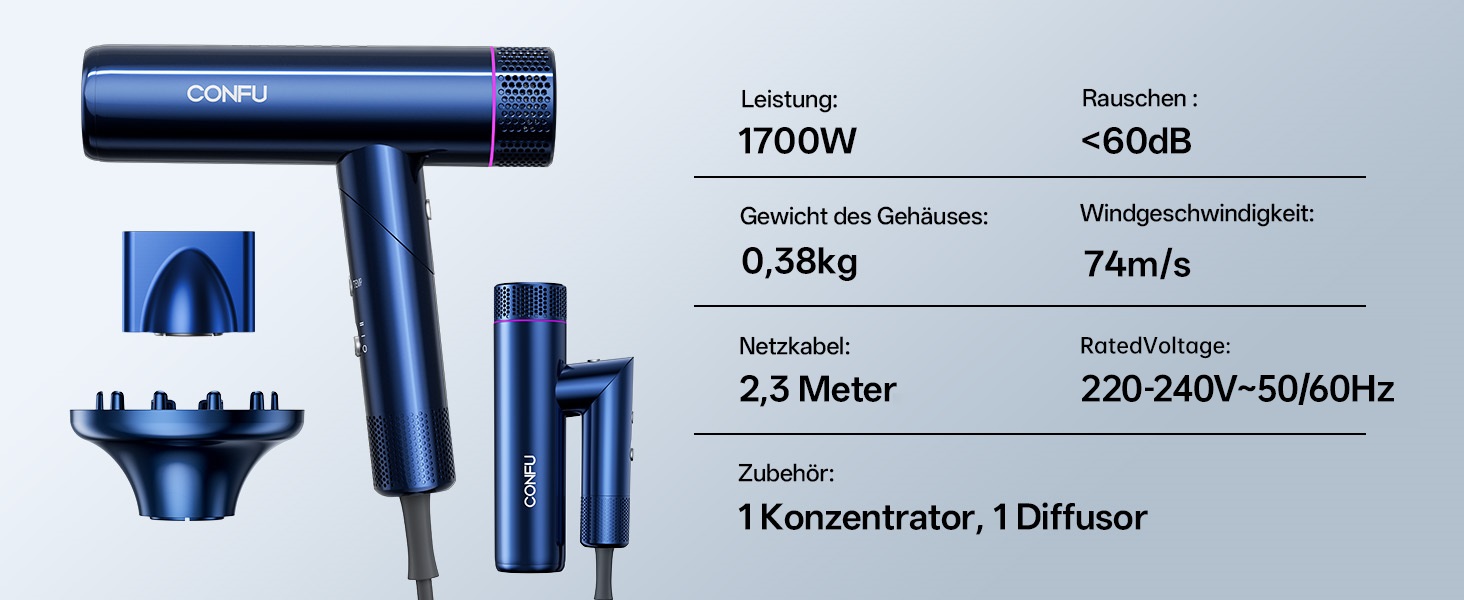 Професійний іонізаційний фен для волосся CONFU 1700W, складаний фен з магнітним диффузором та стилізуючою насадкою, низький рівень шуму, синій