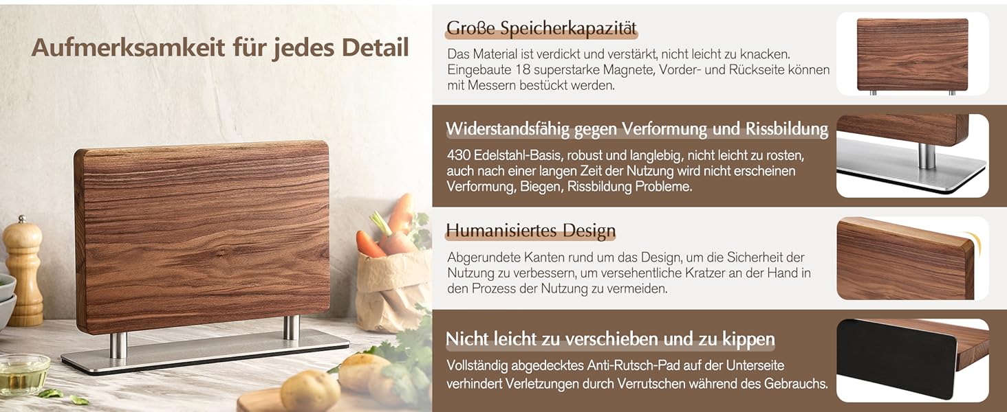 Блок для ножів XINZUO з волоського горіха, магнітний, двосторонній - тримач для ножів без ножів, для кухні, легко миється, з подарунковою коробкою