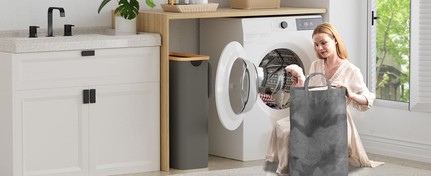 Кошик для білизни Youdenova з кришкою, 48л, вузький, з мішком для білизни, сортувальник, бамбук, білий