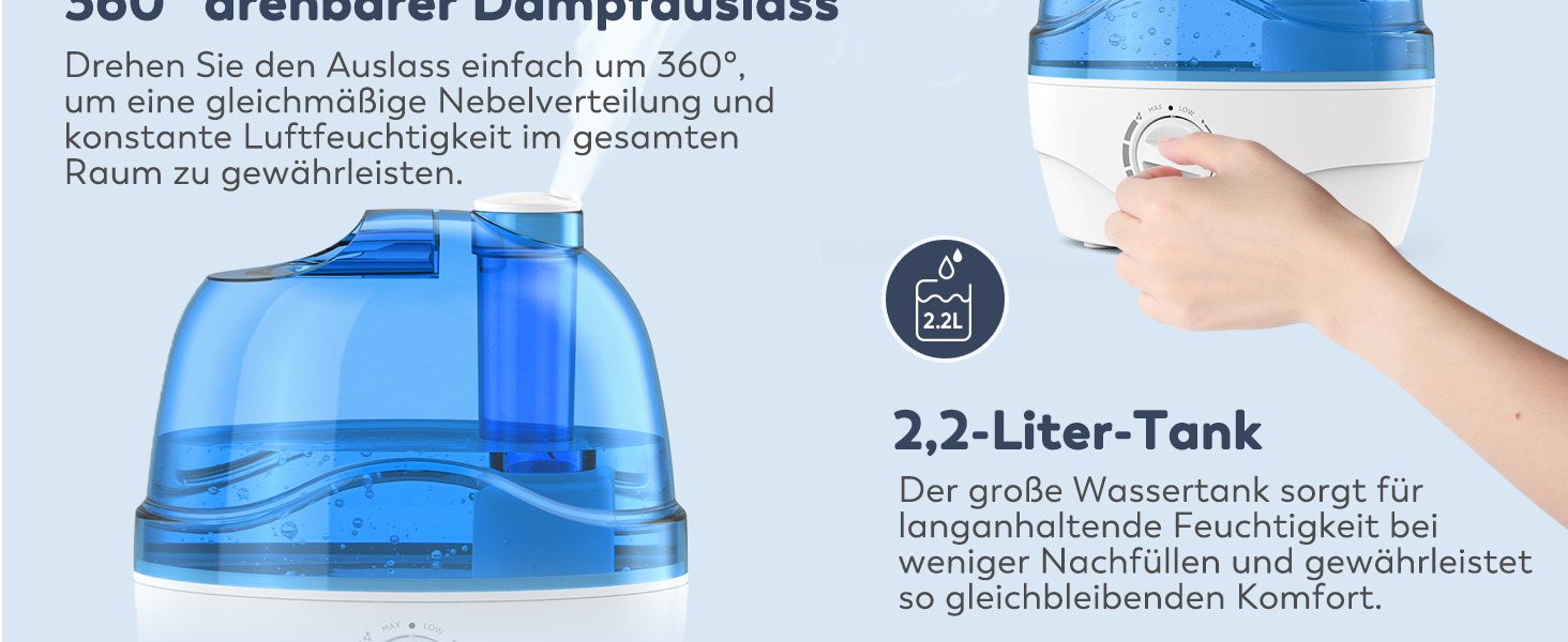 Зволожувач повітря, зволожувач 2.2 л Спальня з насадкою, що обертається на 360, тихий 28 дБ, автоматичне вимкнення та до 24 годин, легко чистити, зволожувач повітря для однієї кімнати, дитячі рослини 2,2 л 2025
