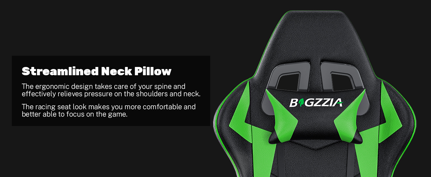 Ігровий крісло Bigzzia - ергономічне комп'ютерне крісло для геймерів з підголівником, RGB підсвічуванням, для підлітків та дорослих (чорно-зелене, без LED)