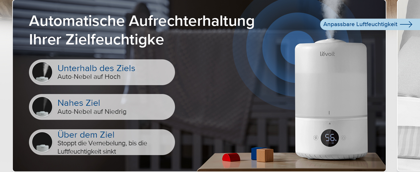 Зволожувач повітря Levoit Smart для спальні та дитячої кімнати, 3 л, кремовий. З сенсором вологості, тихий (20 дБ), з обертовою насадкою 360° для рослин.