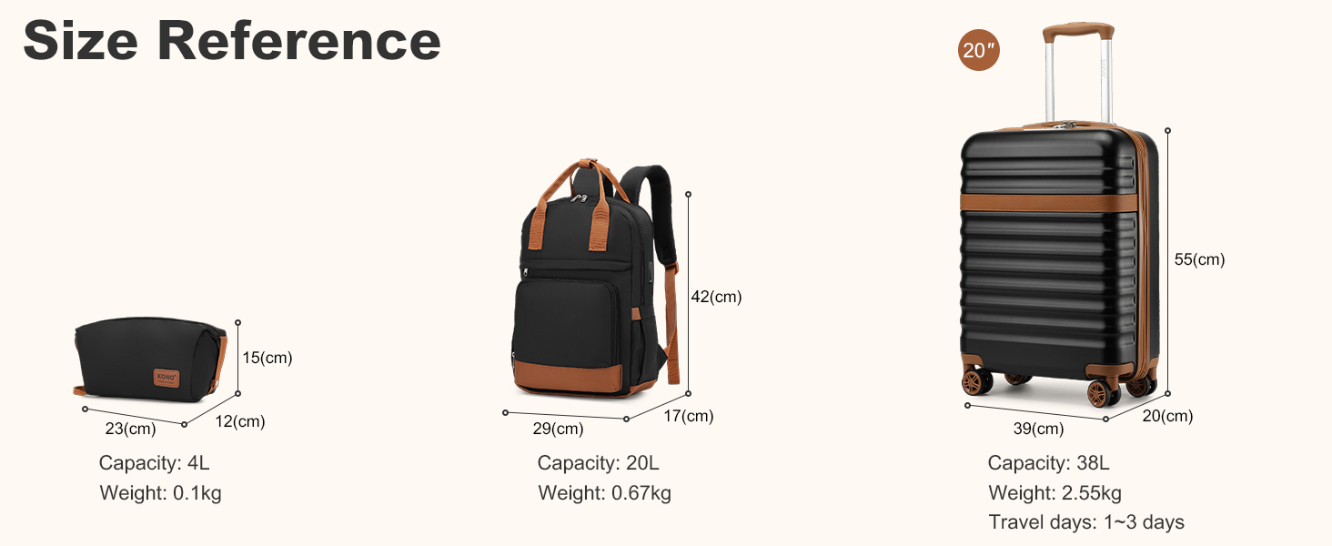 Набір валіз та рюкзака KONO: валіза ручної поклажі 3в1, рюкзак, культиватор. З ABS+PC, TSA-замок, 4 колеса. Чорний/Коричневий