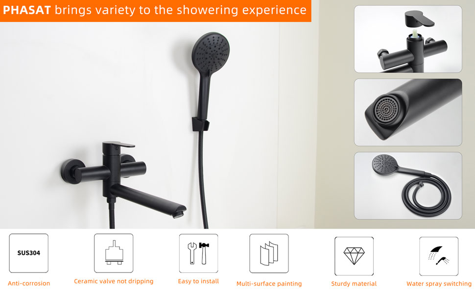 Змішувач для ванни PHASAT з витяжною лійкою, чорний, настінний монтаж, PTBB13E Long spout