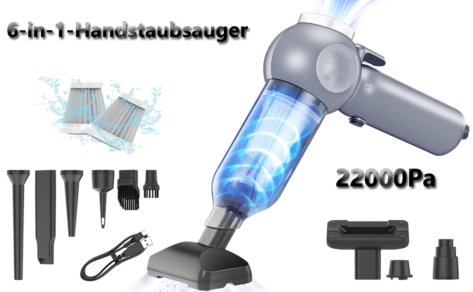 Акумуляторний автомобільний пилосос 4-в-1, потужність 22000Па, бездротовий ручний пилосос з HEPA-фільтром та склобивачем для авто та дому