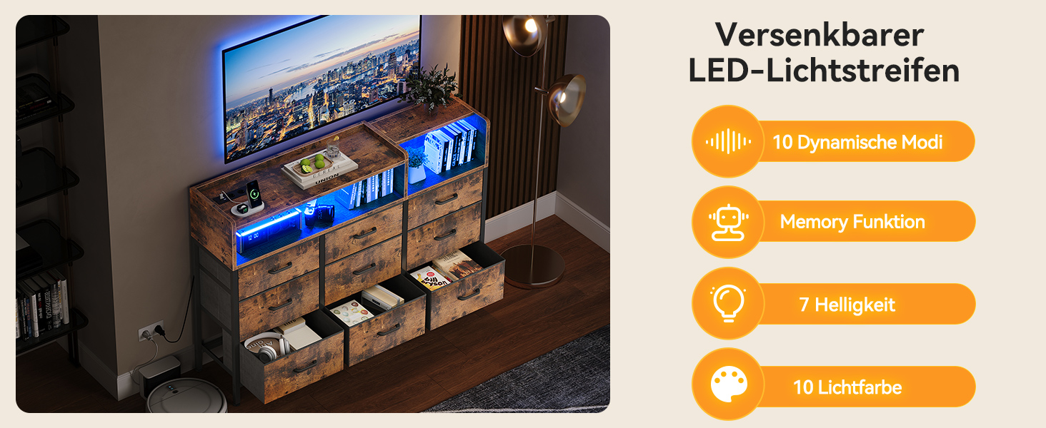 Комод ODK з шухлядами, 2 розетки, 2 USB, 10 LED-смужок, полиця-стільниця, 9 тканинних шухляд, чорний (ретро стиль), 130x30x97 см